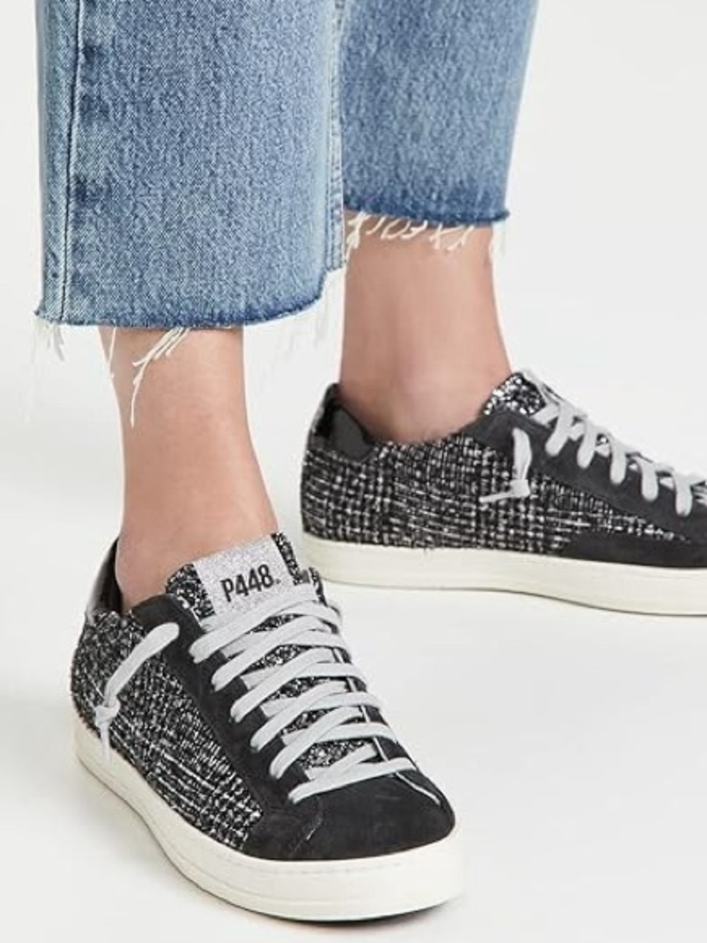 P448 John Shaka Glitter Tweed Sneakers Black Silver Sparkle Suede EU 40 US 9 - Picture 2 of 9